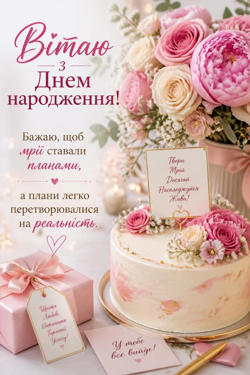Святкова листівка з написом «Вітаю з Днем народження! Бажаю, щоб мрії ставали планами, а плани легко перетворювалися на реальність». На зображенні рожевий торт, прикрашений квітами, подарункова коробка та листівки з побажаннями.
