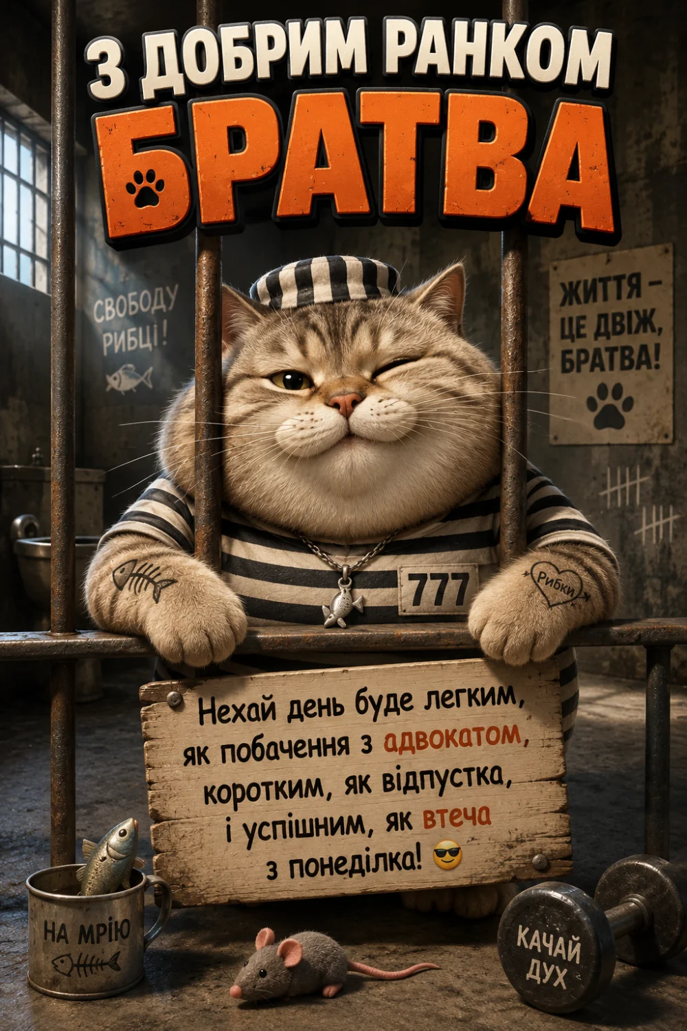 Веселий кіт у смугастій тюремній формі та шапочці підморгує, сидячи за ґратами. На його лапі татуювання риб'ячого скелета, а на шиї кулон у вигляді риби. Перед ним дерев'яна табличка з написом: «Нехай день буде легким, як побачення з адвокатом, коротким, як відпустка, і успішним, як втеча з понеділк