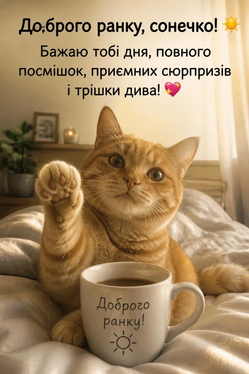 Рудий смугастий кіт сидить у ліжку, піднявши праву лапу, наче вітаючись. Перед ним стоїть біла чашка з кавою, на якій написано «Доброго ранку!» та намальовано сонце. На задньому плані видно ліжко та елементи інтер'єру.