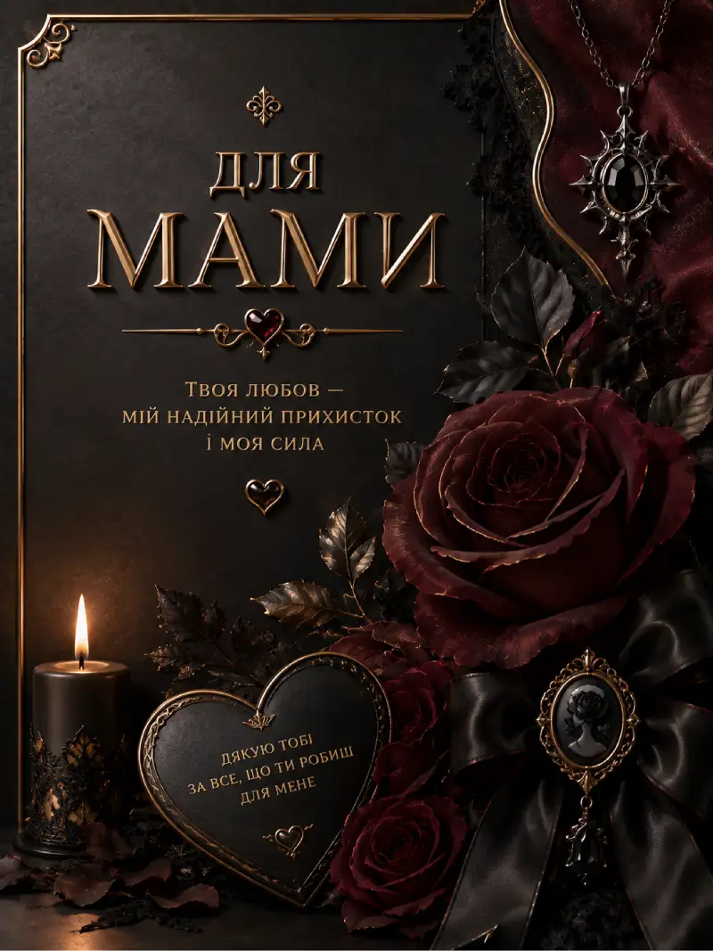 Темна преміальна листівка «Для мами. Твоя любов — мій надійний прихисток і моя сила» з бордовими трояндами, свічкою, брошкою і серцем «Дякую тобі за все, що ти робиш для мене»