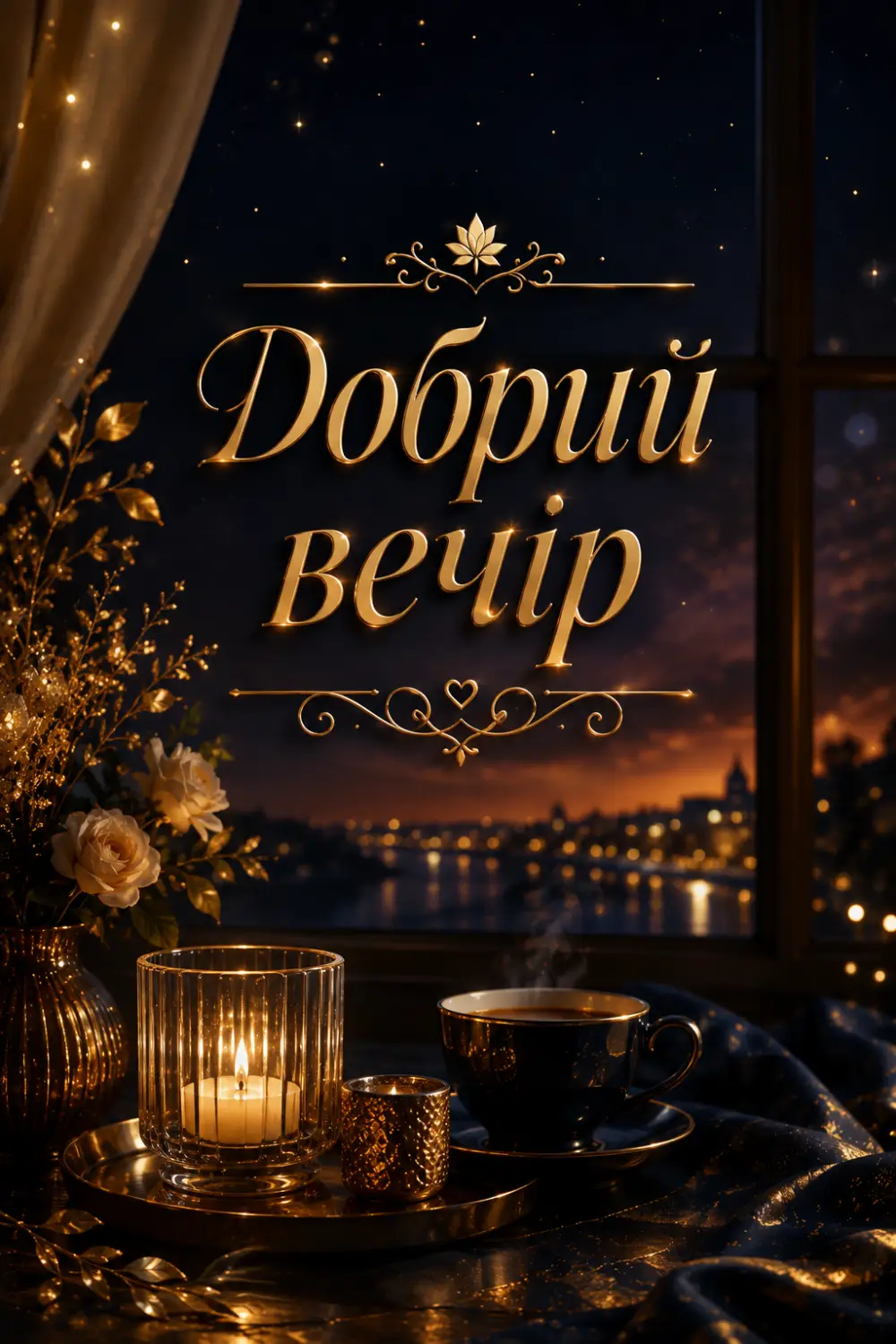 Листівка «Добрий вечір» зі свічкою, чашкою чаю, трояндами і нічним видом на місто у вікні