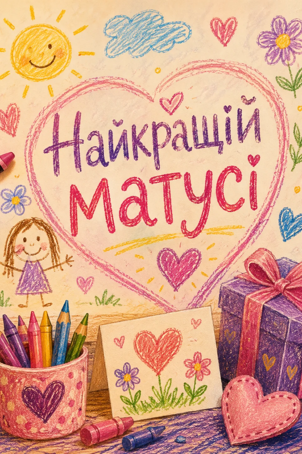 Малюнок дитячими олівцями та крейдою, на якому зображено сонце, хмаринку, дівчинку, квіти та серця. У центрі велике рожеве серце з написом «Найкращій матусі». Внизу ліворуч стоїть склянка з олівцями, праворуч – подарунок у фіолетовій коробці з рожевим бантом та рожеве текстильне серце.