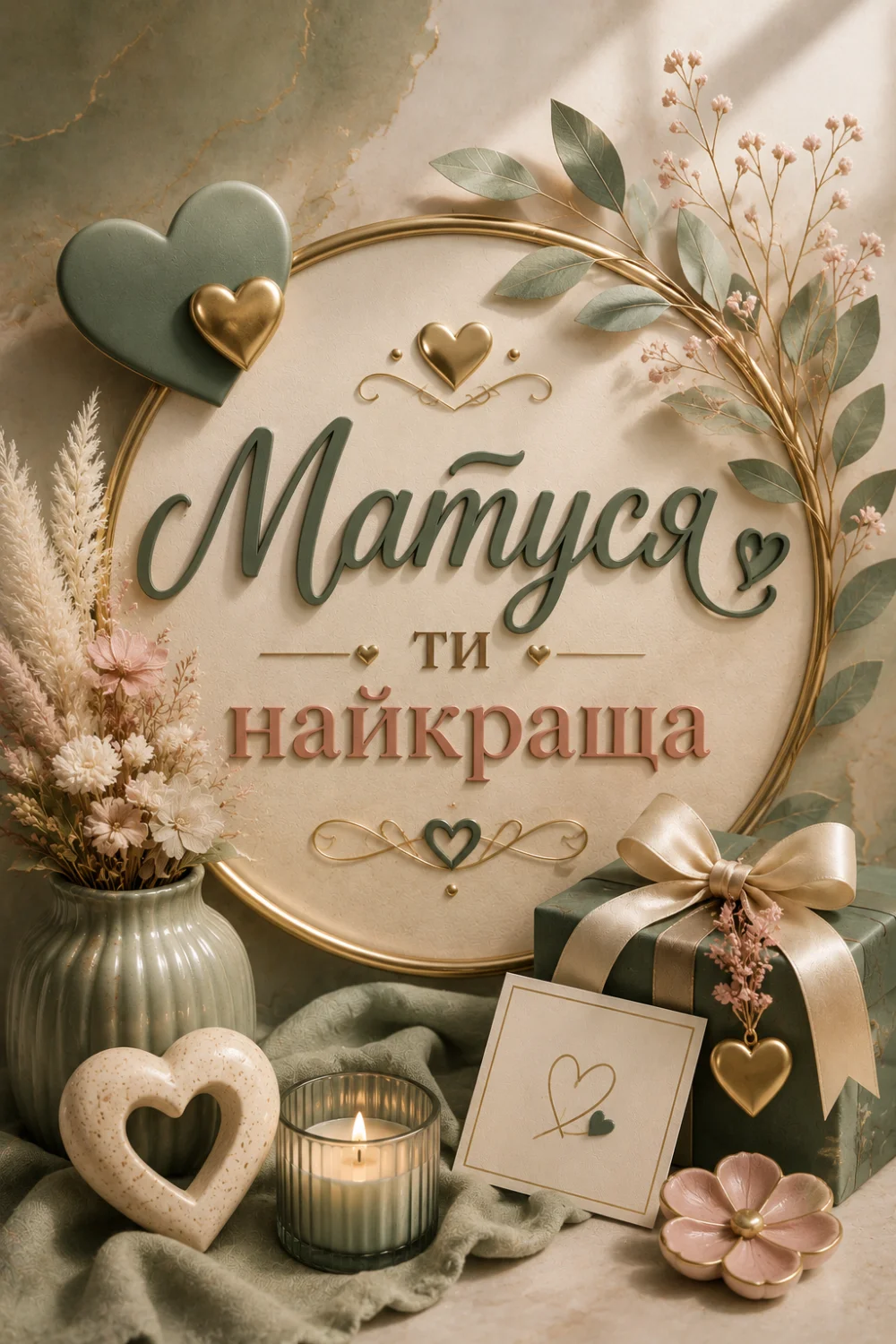 Листівка для мами з написом «Матуся ти найкраща» на круглому фоні з золотою рамкою. Зліва стоїть ваза з сухими квітами та колосками, а справа лежить подарунок у темно-зеленій упаковці з золотою стрічкою. Поруч свічка в скляному підсвічнику, біле серце з отвором та рожева квітка.